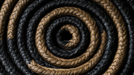 Coiled serpentine belts arranged in a spiral pattern on a textured black background.の素材