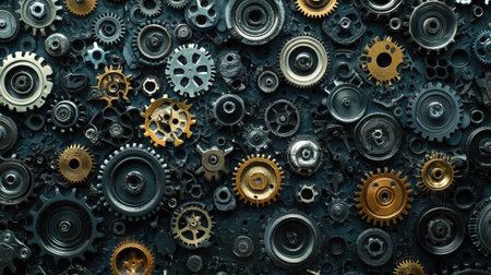 Gears and sprockets laid out in a pattern, highlighting the precision engineering of auto parts.の素材