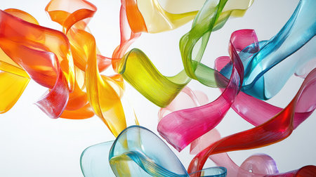 Minimalist abstract composition featuring colorful glass ribbons floating in space.の素材