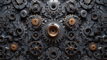 Gears and sprockets laid out in a pattern, highlighting the precision engineering of auto parts.の素材