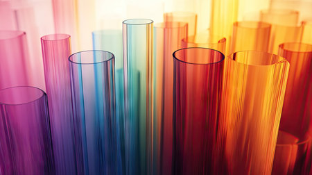 Gradient-colored glass tubes in an elegant, abstract arrangement against a soft background.の素材