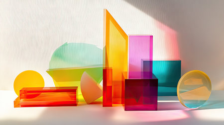 Transparent geometric shapes in vibrant hues, layered for an abstract and modern aesthetic.の素材
