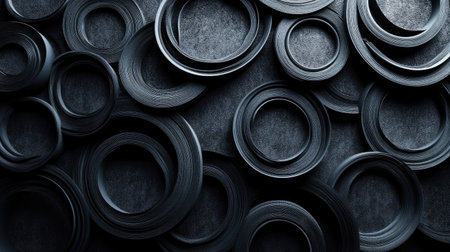 Coiled serpentine belts arranged in a spiral pattern on a textured black background.の素材
