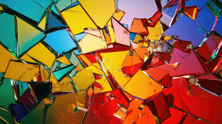 Shattered glass fragments in vibrant tones, creating an abstract explosion in a minimalist scene.の素材
