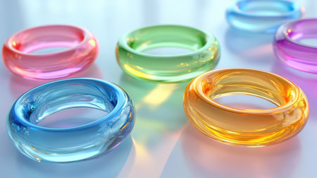 Minimalist glass rings in vivid colors, floating with soft lighting and reflections in a 3D render.の素材