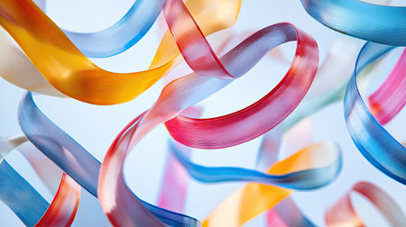 Minimalist abstract composition featuring colorful glass ribbons floating in space.の素材