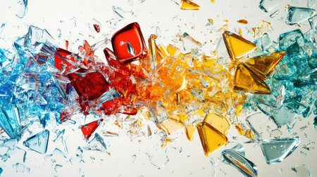 Shattered glass fragments in vibrant tones, creating an abstract explosion in a minimalist scene.の素材