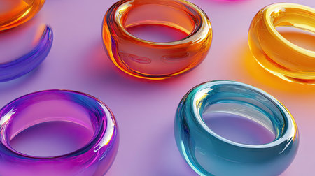 Minimalist glass rings in vivid colors, floating with soft lighting and reflections in a 3D render.の素材
