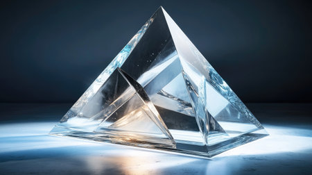 Transparent, layered glass triangles glowing in a clean, futuristic 3D render.の素材