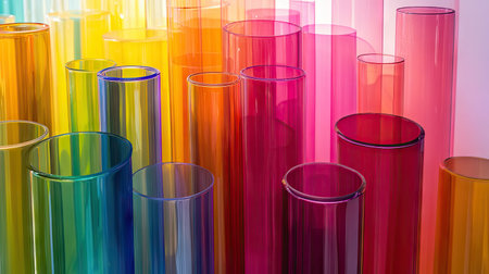 Translucent glass pillars in vivid colors, arranged in a symmetrical abstract design.の素材