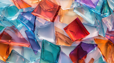 Vibrant 3D glass shards in overlapping layers, creating a modern abstract composition on a light backdrop.の素材
