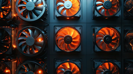 Radiator fans and cooling system components, neatly displayed with dramatic lighting.の素材