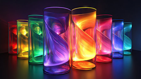 Multi-layered colorful glass arcs, glowing softly in a futuristic abstract minimalist design.の素材