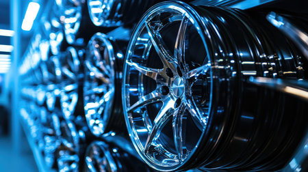 Shiny alloy wheels stacked against a wall, reflecting light and showcasing their modern design.の素材