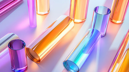 Shimmering 3D glass cylinders in a spectrum of colors, placed on a sleek neutral background.の素材