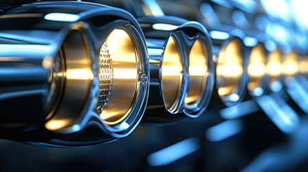 Rows of polished car mufflers, reflecting light and emphasizing their sleek designs.の素材