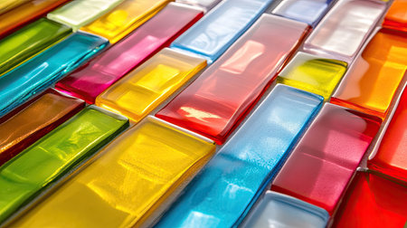 Layered, interlocking glass tiles with bright color accents in a clean, abstract arrangement.の素材