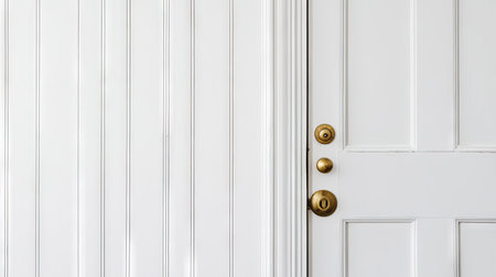 A freshly painted white door with a brass handle, set against a clean white wall.の素材