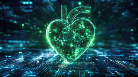 A futuristic digital heart glowing in green and blue tones surrounded by holographic data.の素材