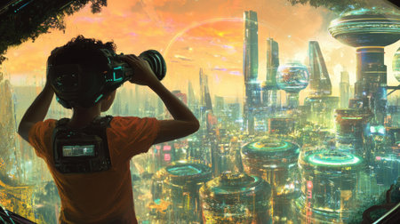 A person looking through binoculars, seeing a futuristic utopia in vivid detail.の素材