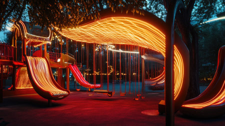 A whimsical playground where swings and slides are made of glowing light trails.の素材