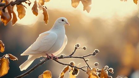 A white dove perched on a tree branch, symbolizing peace and purity.の素材