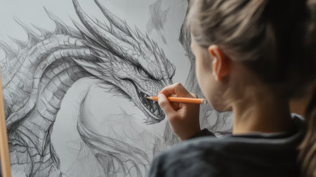 A young artist sketching a dragon, with the dragon beginning to emerge from the paper.の素材