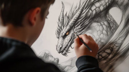 A young artist sketching a dragon, with the dragon beginning to emerge from the paper.の素材
