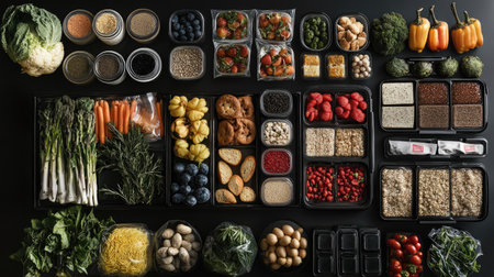 A black table with a variety of fresh and packaged foods arranged neatly, showcasing healthy diet options in a top-down view.の素材