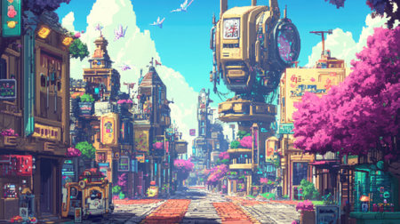 A bright and lively pixel city featuring adorable robots and magical beings, surrounded by vibrant, whimsical architecture.の素材