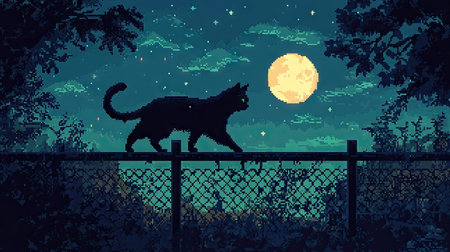 A retro-style pixelated black cat walking on a moonlit fence, with pixel stars twinkling in the night sky.の素材