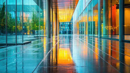 A tranquil urban walkway with vibrant reflections on wet pavement, framed by the sleek lines of a glass building.の素材