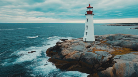 A white lighthouse standing tall on a rocky shore, surrounded by gentle ocean waves.の素材
