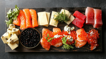 Assortment of luxurious foods, including smoked salmon, caviar, and cheese, artfully presented on a stylish serving tray.の素材