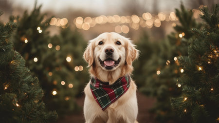 Adorable golden retriever sits among twinkling Christmas trees, a plaid bandana adding charm to the festive, vintage scene.の素材
