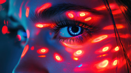 Striking close-up of a woman face with red and blue neon lights casting vibrant, artistic reflections on her features.の素材