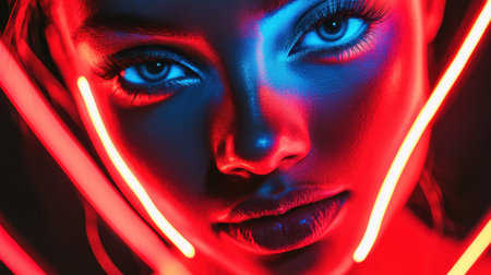 Close-up of a woman's face illuminated by vibrant red and blue neon lights, creating a dramatic and futuristic atmosphere.の素材