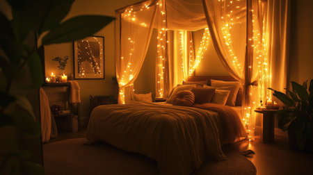 A cozy romantic bedroom with a canopy bed, warm lights, and elegant decor, designed for intimate evenings.の素材