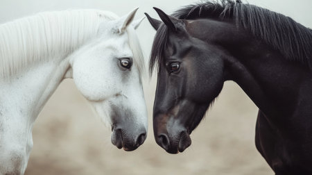 Close-up of a black and a white horse connecting softly, representing harmony and contrast on a neutral background.の素材