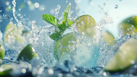 Crisp lime cocktail with ice and mint leaves, captured in a dynamic splash moment against a bright background.の素材