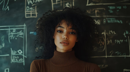 Energetic woman poses before a chalkboard crowded with intricate math equations and symbols, symbolizing knowledge and empowerment.の素材