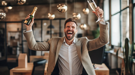 Successful entrepreneur celebrating with champagne in an office.の素材