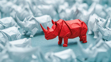 A standout red rhino amidst a cluster of white paper rhinos, embodying individuality and innovation in a symbolic scene.の素材