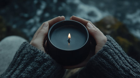 Cozy close-up of hands holding a black candle, creating a soothing and serene ambiance perfect for relaxation.の素材