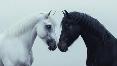 Elegant black and white horses gently touching foreheads, symbolizing unity amidst contrast on a simple backdrop.の素材