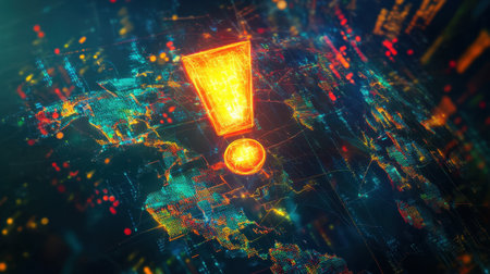 A bright exclamation mark glowing above a detailed map showcasing international trade routes and connections in vivid, colorful lightの素材