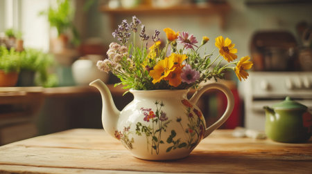 A beautifully crafted teapot showcasing vibrant flowers and herbs, adding a touch of nature to a warm and inviting kitchen spaceの素材