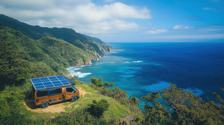 A campervan overlooking a breathtaking coastal view, solar panels deployed for eco-friendly energy, blending nature and sustainabilityの素材