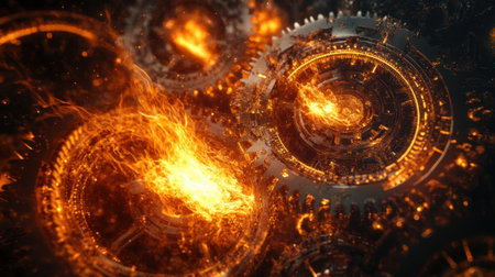 A dynamic view of flames dancing through a network of gears and cogs, showcasing the energy and complexity of global industryの素材