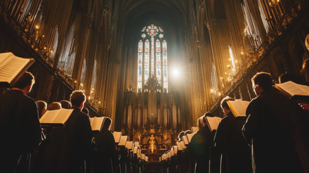 A choir in ceremonial robes singing inside a cathedral, reflecting the cultural and spiritual significance of music in faithの素材